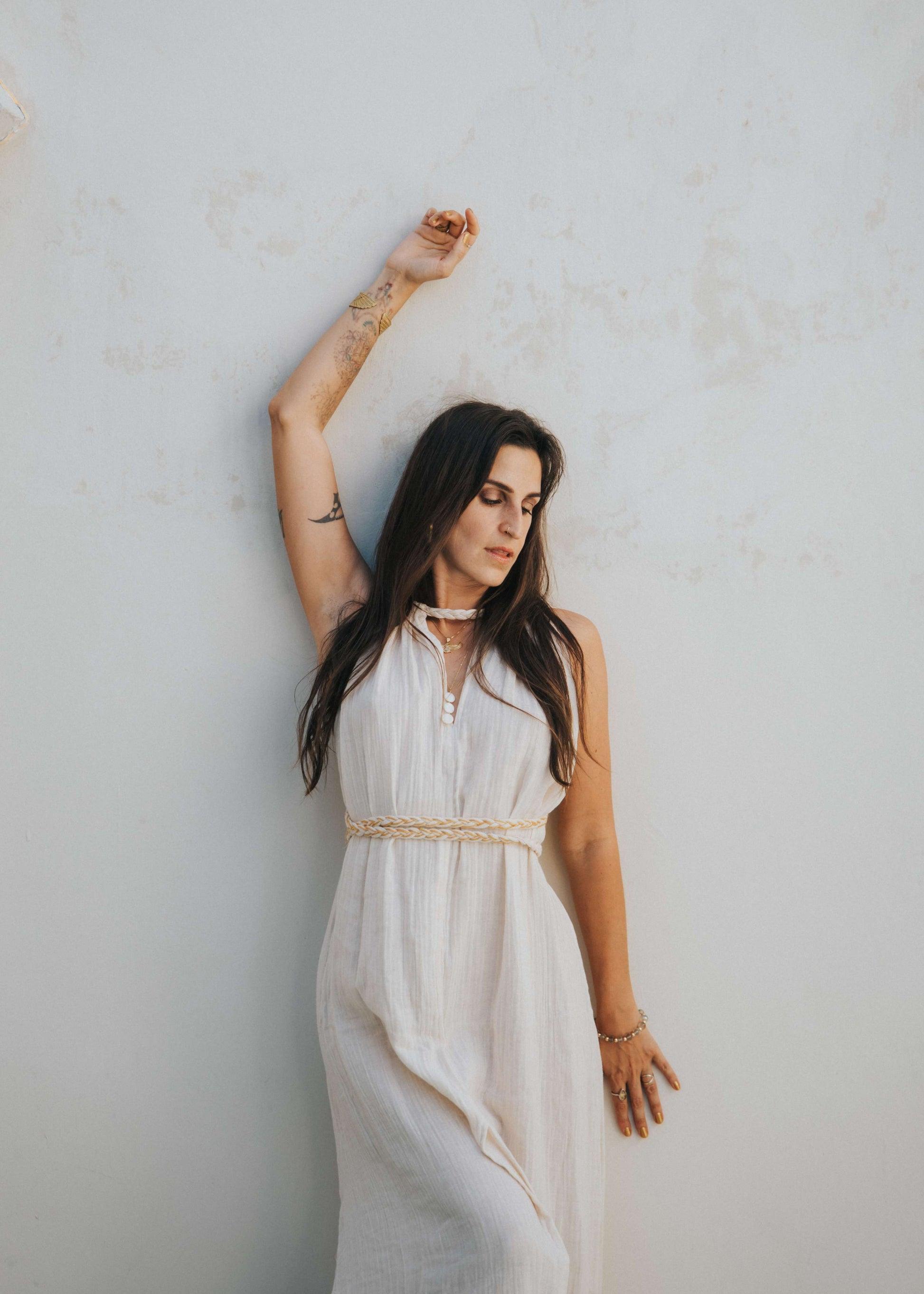 Delphi Dress worn wrapped at the waist — adjustable long sustainable dress